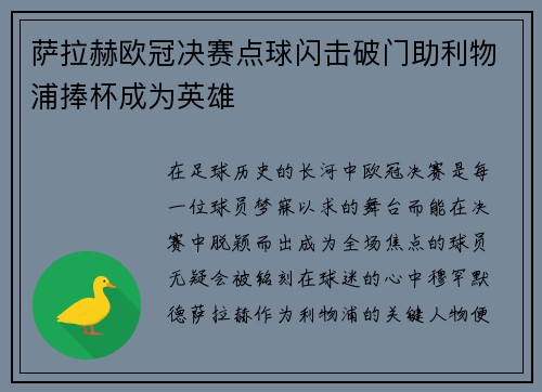 萨拉赫欧冠决赛点球闪击破门助利物浦捧杯成为英雄 萨拉赫欧冠决赛点球闪击破门助利物浦捧杯成为英雄