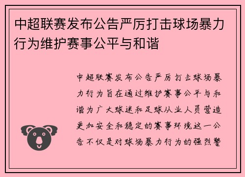 中超联赛发布公告严厉打击球场暴力行为维护赛事公平与和谐