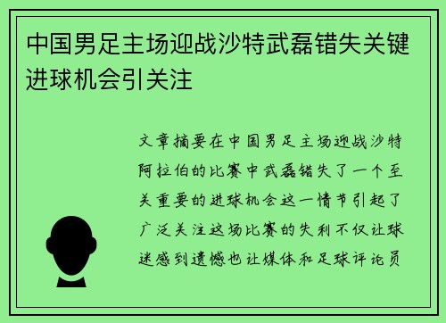 中国男足主场迎战沙特武磊错失关键进球机会引关注